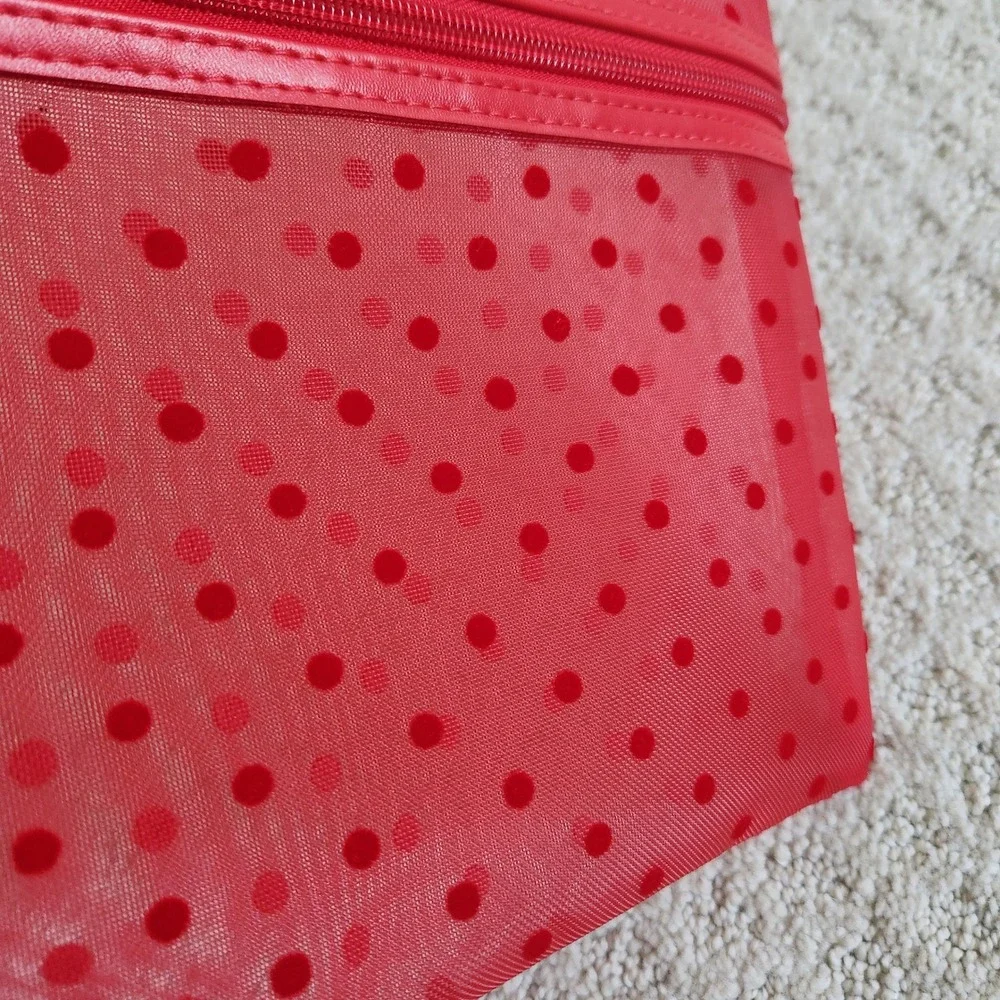 Red Mesh Polka Dot Makeup Bag Velvet Flocked Cosmetic Pouch Ribbon Zipper Pull